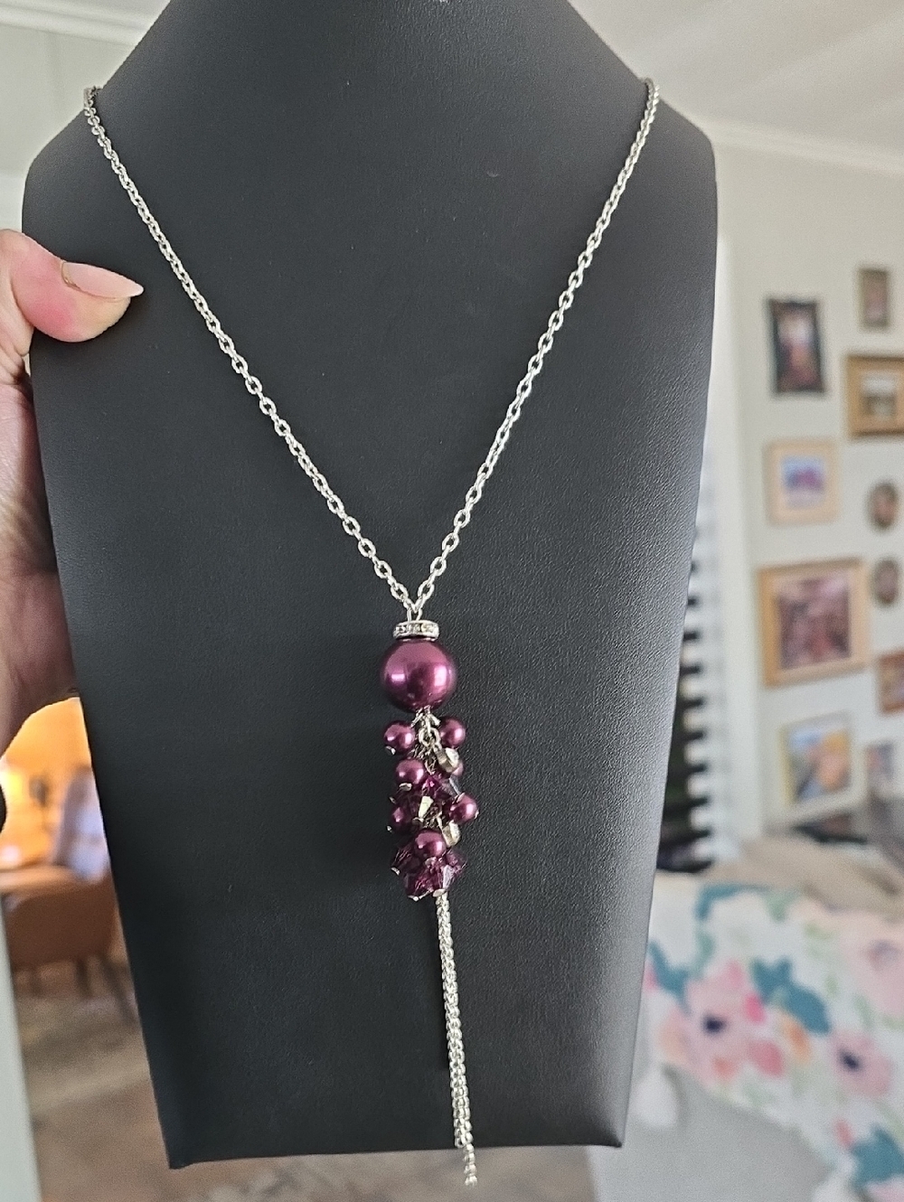 Silver-Chain Purple Bead Tassel Necklace - Women Jewelry